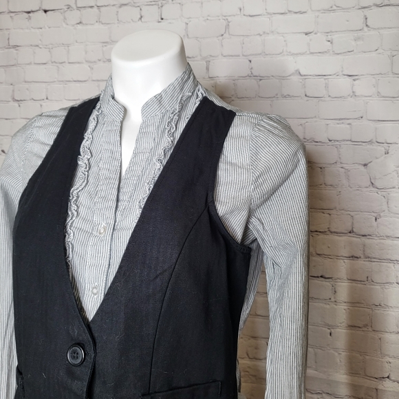 B. Moss Stripe Button-Down Shirt with Ruffle Front and Built-In Black Vest Sz S - Picture 2 of 7